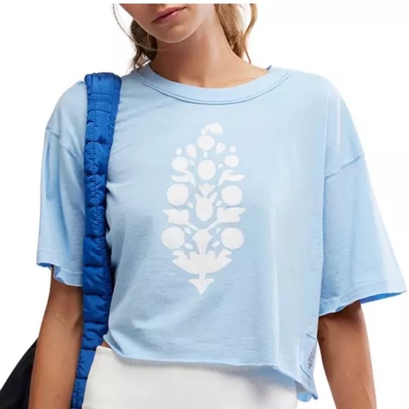 Free People Movement Inspire Logo Tee Crop Oversized Oxford Blue White M L - Picture 1 of 11